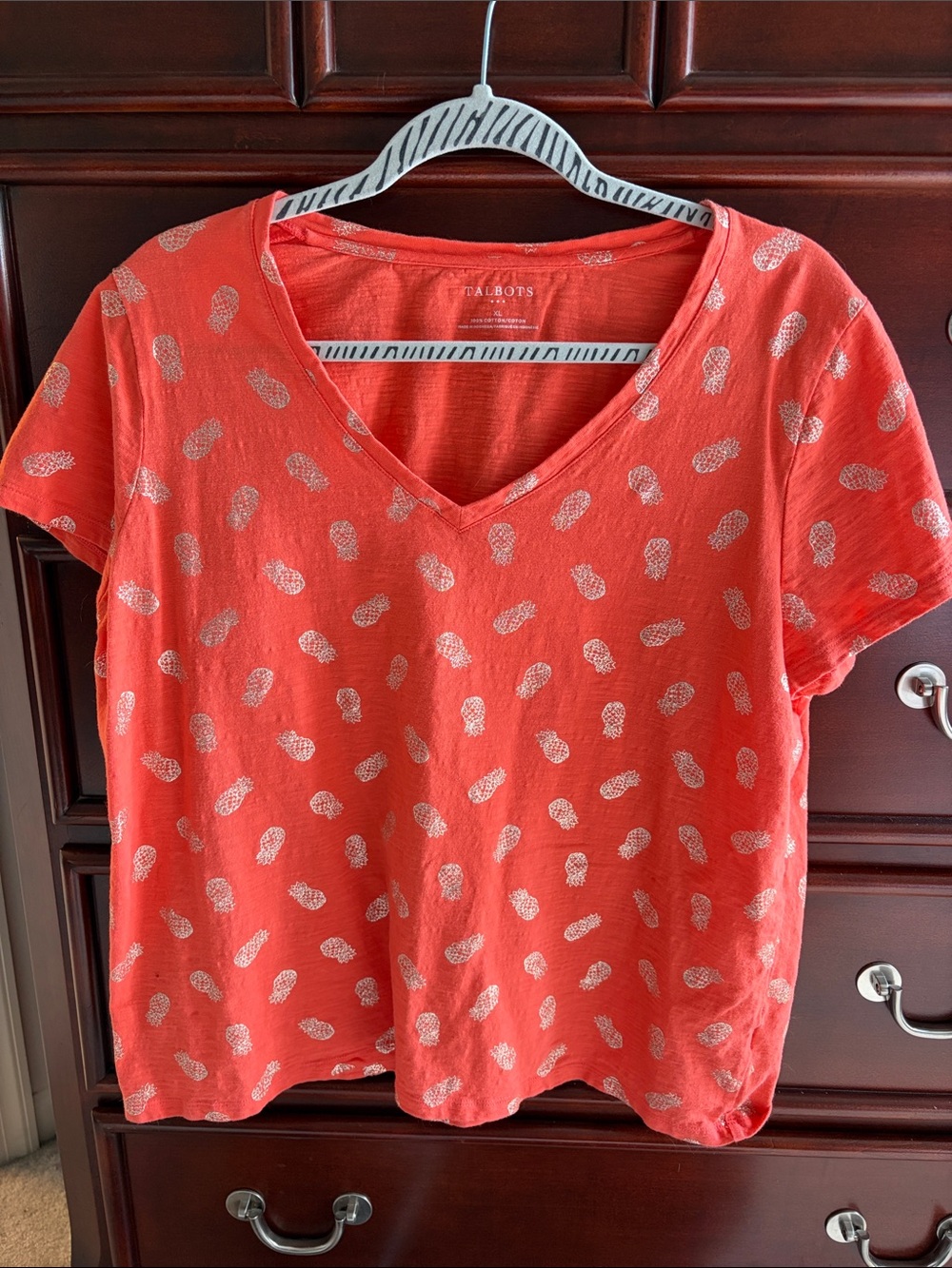 Talbots Coral V-Neck Tee with Gold Pineapple Print